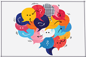 A brain made of colourful speech bubbles that include electron pairs and curly arrows