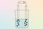 A diagram of a beaker of liquid with a battery hooked up via electrodes which are attracting charged particles from the liquid