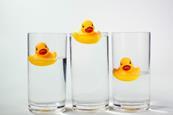 Three rubber ducks floating in three glasses of water.