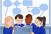 An image showing a group of 4 students reading from a book titled Comprehending chemistry, with empty speech bubbles above them