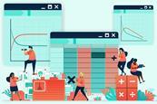 A cartoon of tiny people creating graphs in a spreadsheet