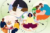 A montage of teachers enjoying time off to mark work, meet friends, do yoga and look after their children
