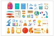 Cartoon showing equipment for different school subjects