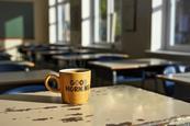 A colourful mug which says Good Morning with steaming coffee on a teacher's desk at the front of an empty classroom before the school day begins.