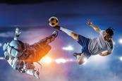 Picture of a footballer and astronaut nearly colliding in mid-air
