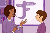 An image showing a teacher giving feedback to a pupil; the words Fix, Improve and Benefit can be seen as a speech bubble