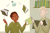 Illustration of male teacher handing an exercise book to a male student; the student is also juggling with two books and a chemical flask that his teacher has previously given him