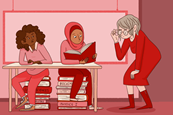 An image showing a teacher paying close attention to a female student who is reading from a book; a classmate is also present, and the two pupils are sitting on chairs made out of books
