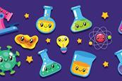 cartoon of science equipment with smiley faces