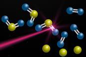 Molecules of sulfur dioxide being broken down by a laser into oxygen and sulfur
