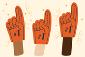 A cartoon of people wearing large foam hands with number 1 teacher written on them