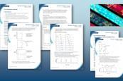 Composite image showing tubes of flourescent spheres and organic molcules and previews of the Chromatography challenge student worksheet and teacher notes, all on a blue background