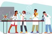 Cartoon of 4 science students wearing white coats in lab