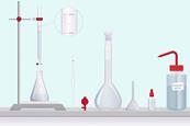 A drawing the the equipment needed for a titration including a clamp and stand, burette, white tile, volumetric pipette, burette filler, volumetric flask, funnel, dropping bottle and a wash bottle of distilled water.