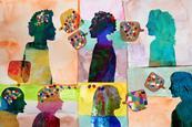An illustration of silhouetted faces sharing ideas through speech in the form of small colourful squares