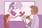 A graphic image showing a male teacher holding a clipboard and assessing the knowledge of a female pupil, using a jigsaw analogy