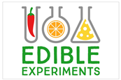 logo for edible experiments showing cartoon foods in flasks and test tubes