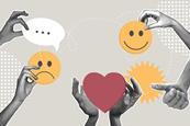 Hands holding symbols: three dots, smiley face, neutral thumbs, heart and sad face; halftone collage style