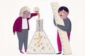 A cartoon of two people with a giant conical flask and a giant ruler