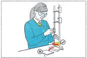 A cartoon of a girl in school uniform doing a titration. She is correctly swirling the liquid in the conical flask but she has forgotten to put her white tile underneath.