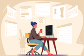 A cartoon of a woman working at a desktop computer she is surrounded by interconnected windows from her screen including some spreadsheets and chemistry teaching images