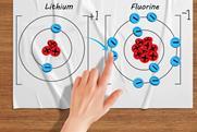 A hand moving blue counters with a minus symbol from lithium's outer shell to fluorine's to form ions.
