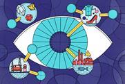 A schematic style cartoon of a giant eye with molecule diagrams around that have images inside representing diamonds, clothing, fuel and pollution