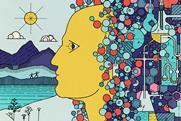 A schematic style cartoon of a human head leaves the overwhelming complexity of chemistry behind to find peace with mountains, a lake and friends.