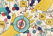 A schematic style cartoon of a hand using a compass to navigate a map of chemistry teaching with another hand pointing the way.