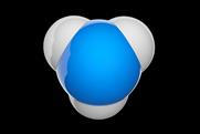 A 3D illustration of a molecule of ammonia, with a nitrogen atom in blue and three hydrogen atoms in white