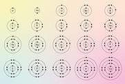 The electron shell diagrams for the elements from hydrogen to calcium