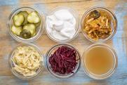 Small bowls of different fermented foods - gherkins, sour cream, kimchi, kombucha, saurkraut