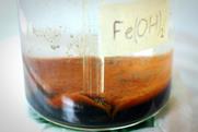 A brown precipitate at the bottom of a glass beaker labelled with the chemical formula for iron(II) hydroxide
