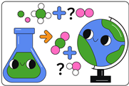 A cartoon conical flask helps a cartoon globe work through balancing a chemical equation.