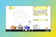 A screenshot of the PhET build an atom simulation, featuring a blank atomic diagram and buckets containing protons, neutrons and electrons