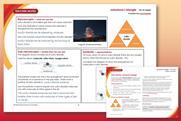 Graduated orange to red background with example of teacher notes and answers