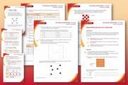 Graduated orange to red background with example of student sheet and teacher notes and answers