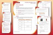 Graduated orange to red background with examples of student sheet and teacher notes