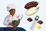 An illustration of a chocolatier, a cacao pod and a thermometer with different types of chocolate