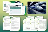 Composite image showing a photo of a train with a screenshot of the presentation slides, teacher notes, and printable snap cards.