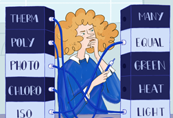 Illustration of female student with cable in her hand, blocks of Greek/Latin root words on her right, blocks of English science related words on here left; the cables link the Greek/Latin origins to the English words