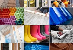 A collage of different items made of PVC including pipes, windows, boots and cloth