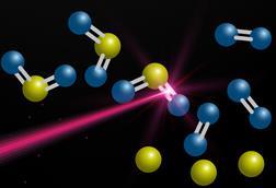 Molecules of sulfur dioxide being broken down by a laser into oxygen and sulfur