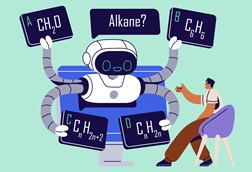 A teacher interacting with a robot on a screen who has written a question given four optional answers about the standard formula of alkanes