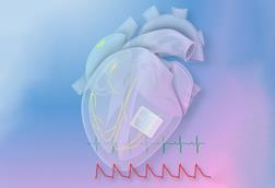 A transparent diagram of a heart showing a small white square with a metallic pattern on and yellow wires leading to the rest of the heart