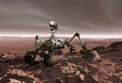 Curiosity rover exploring the arid Martian landscape