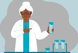 Cartoon of an elderly woman in a lab coat pointing at test tubes in a quizzical manner
