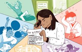 A illustration of a teacher examining a test through a kaleidoscope