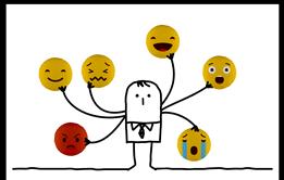 An image showing an expressionless man holding a range of emojis