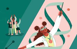 A girl doing rhythmic gymnastics with ribbons while wearing a lab coat